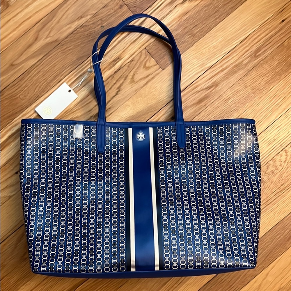 Tory Burch Blue Geometric Tote Bag with Structured Design